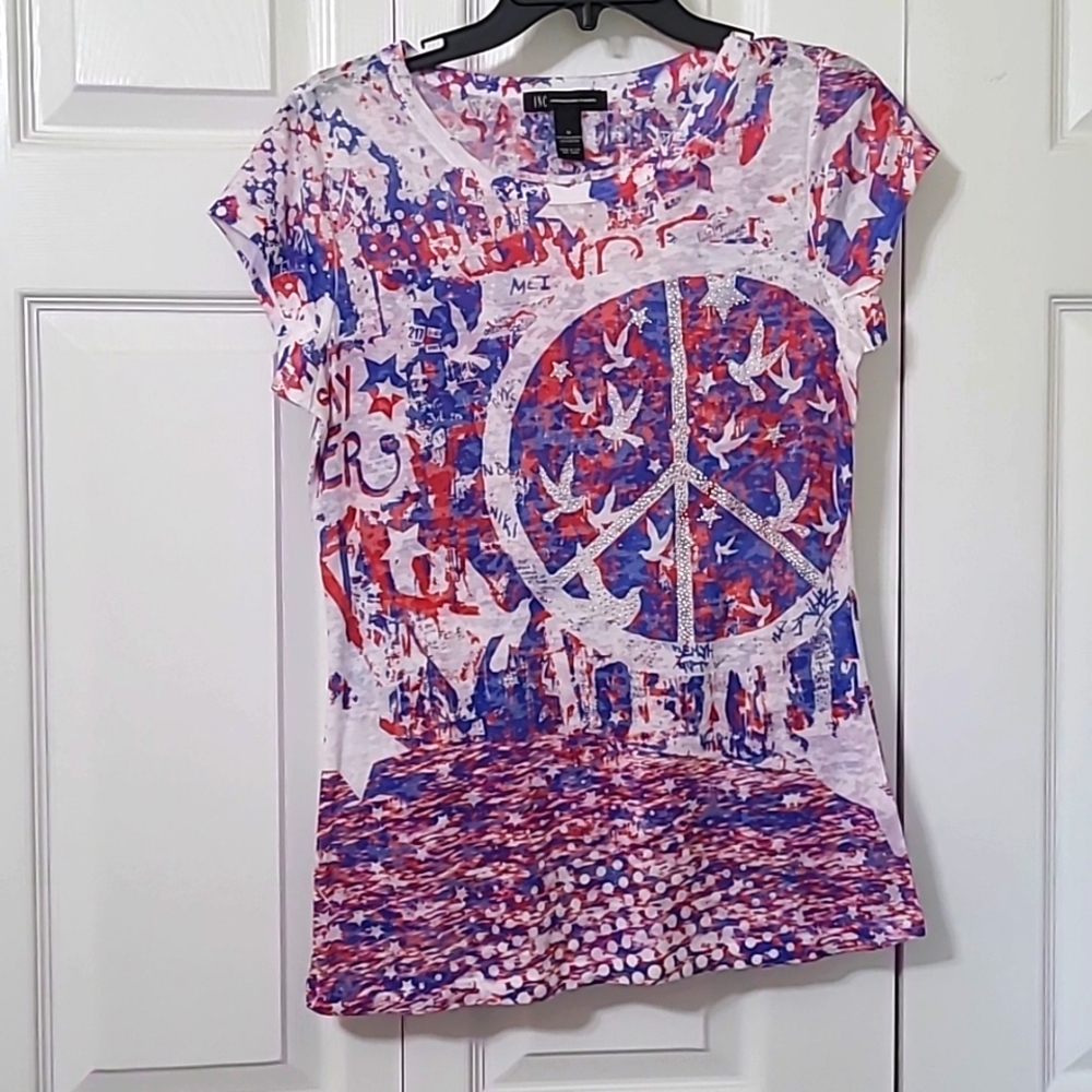 INC Red, White and Blue Graphic Tee with Peace logo